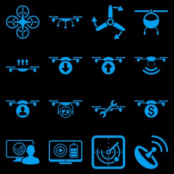 Quadcopter service icon set designed with blue color. These flat pictograms are isolated on a black background.