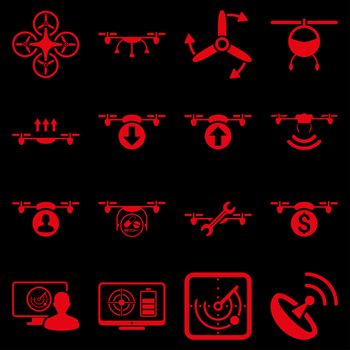 Quadcopter service icon set designed with red color. These flat pictograms are isolated on a black background.