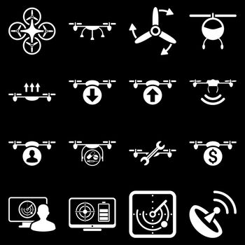 Quadcopter service icon set designed with white color. These flat pictograms are isolated on a black background.