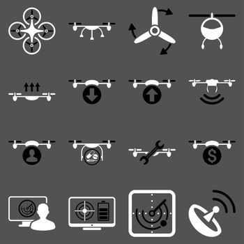 Quadcopter service icon set designed with black and white colors. These flat bicolor pictograms are isolated on a gray background.