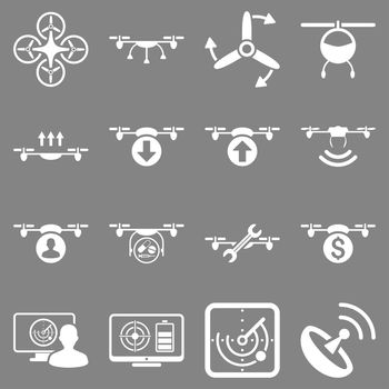 Quadcopter service icon set designed with white color. These flat pictograms are isolated on a gray background.