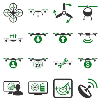 Quadcopter service icon set designed with green and gray colors. These flat bicolor pictograms are isolated on a white background.