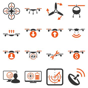 Quadcopter service icon set designed with orange and gray colors. These flat bicolor pictograms are isolated on a white background.