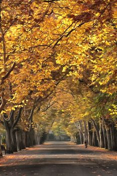Autumn trees walkway digital painting.