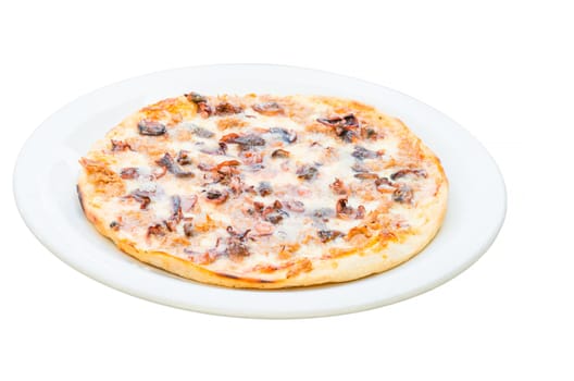 Rustic pizza with seafood isolated against a white background.