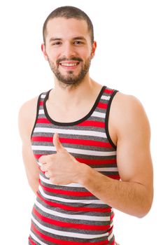 young casual man going thumbs up, isolated on white background