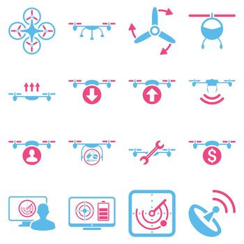 Quadcopter service icon set designed with pink and blue colors. These flat bicolor pictograms are isolated on a white background.