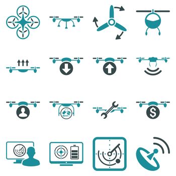 Quadcopter service icon set designed with soft blue colors. These flat bicolor pictograms are isolated on a white background.