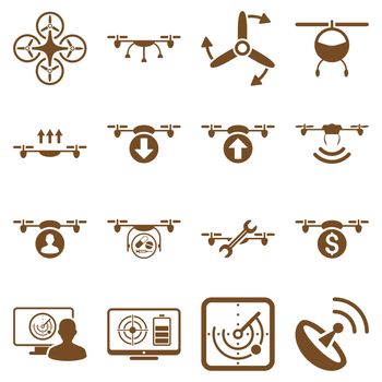 Quadcopter service icon set designed with brown color. These flat pictograms are isolated on a white background.