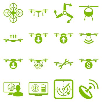 Quadcopter service icon set designed with eco green color. These flat pictograms are isolated on a white background.