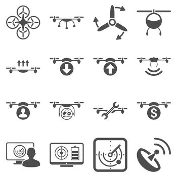 Quadcopter service icon set designed with gray color. These flat pictograms are isolated on a white background.