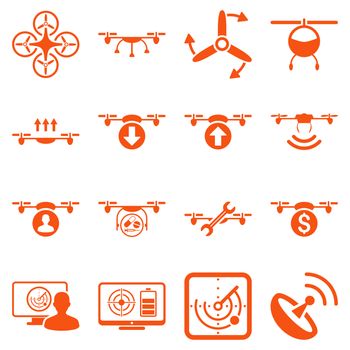 Quadcopter service icon set designed with orange color. These flat pictograms are isolated on a white background.