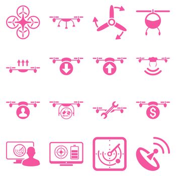 Quadcopter service icon set designed with pink color. These flat pictograms are isolated on a white background.