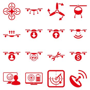 Quadcopter service icon set designed with red color. These flat pictograms are isolated on a white background.