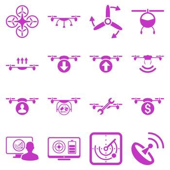 Quadcopter service icon set designed with violet color. These flat pictograms are isolated on a white background.
