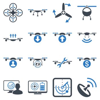 Quadcopter service icon set designed with smooth blue colors. These flat bicolor pictograms are isolated on a white background.