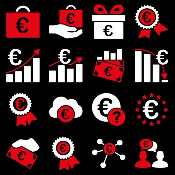 Euro banking business and service tools icons. These flat bicolor icons use red and white colors. Images are isolated on a black background. Angles are rounded.