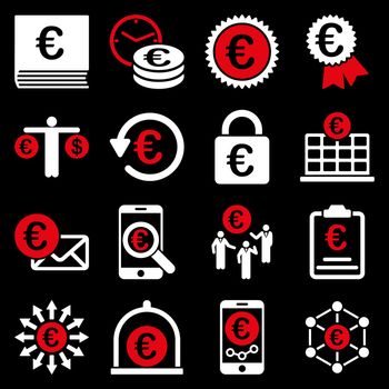 Euro banking business and service tools icons. These flat bicolor icons use red and white colors. Images are isolated on a black background. Angles are rounded.