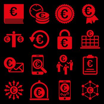 Euro banking business and service tools icons. These flat icons use red color. Images are isolated on a black background. Angles are rounded.