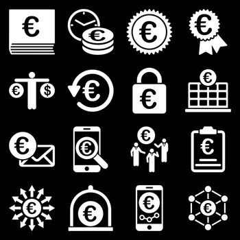 Euro banking business and service tools icons. These flat icons use white color. Images are isolated on a black background. Angles are rounded.