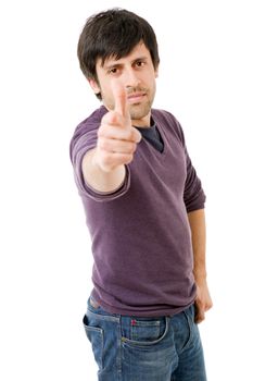 young casual man going thumbs up, isolated on white background