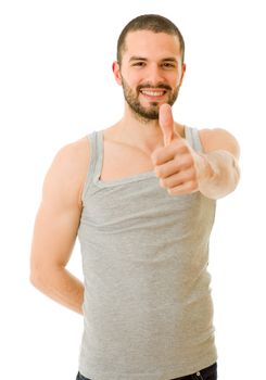 young casual man going thumbs up, isolated on white background