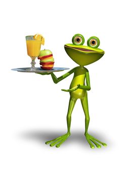 Illustration green Frog with a tray with juice