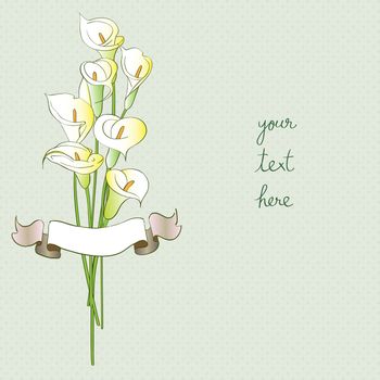 Greetings card with callas and ribbon, hand drawn illustration of a flowers bouquet over a light green background with dots