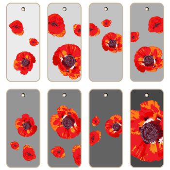 Price tags collection with poppy flowers, hand drawn cartoon illustrations over different grey backgrounds, series isolated on white