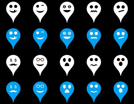 Emotion map marker icons. Glyph set style is bicolor flat images, blue and white symbols, isolated on a black background.