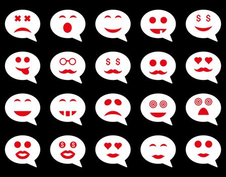 Chat emotion smile icons. Glyph set style is bicolor flat images, red and white symbols, isolated on a black background.