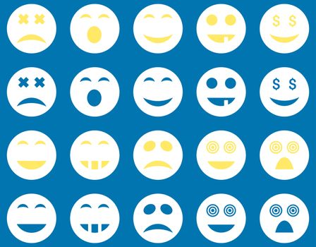 Smile and emotion icons. Glyph set style is bicolor flat images, yellow and white symbols, isolated on a blue background.