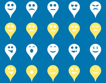 Emotion map marker icons. Glyph set style is bicolor flat images, yellow and white symbols, isolated on a blue background.