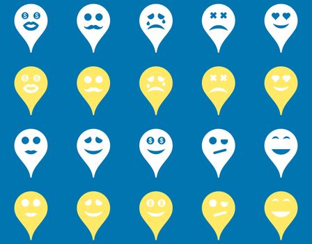 Emotion map marker icons. Glyph set style is bicolor flat images, yellow and white symbols, isolated on a blue background.