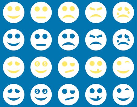 Smile and emotion icons. Glyph set style is bicolor flat images, yellow and white symbols, isolated on a blue background.