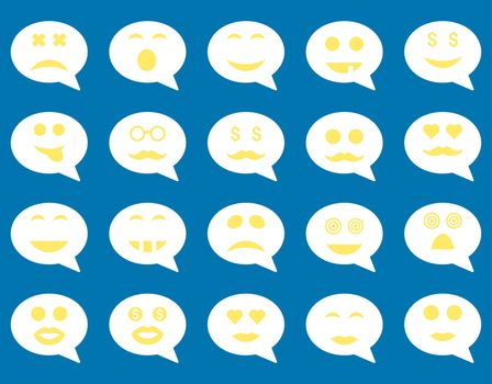 Chat emotion smile icons. Glyph set style is bicolor flat images, yellow and white symbols, isolated on a blue background.