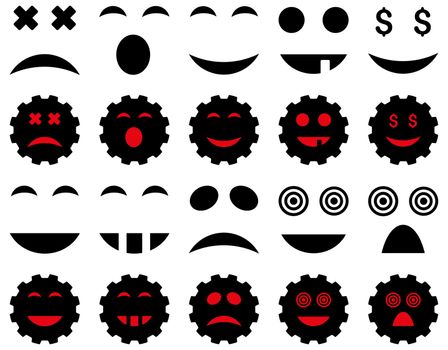 Tool, gear, smile, emotion icons. Glyph set style is bicolor flat images, intensive red and black symbols, isolated on a white background.