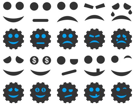 Tools, gears, smiles, emoticons icons. Glyph set style is bicolor flat images, blue and gray symbols, isolated on a white background.