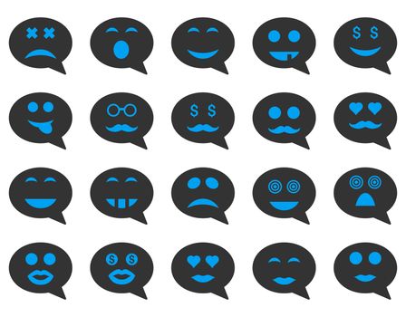 Chat emotion smile icons. Glyph set style is bicolor flat images, blue and gray symbols, isolated on a white background.