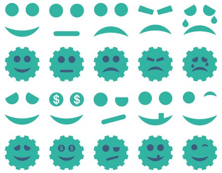 Tools, gears, smiles, emoticons icons. Glyph set style is bicolor flat images, cobalt and cyan symbols, isolated on a white background.