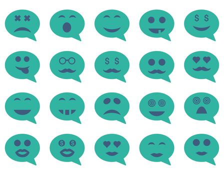 Chat emotion smile icons. Glyph set style is bicolor flat images, cobalt and cyan symbols, isolated on a white background.