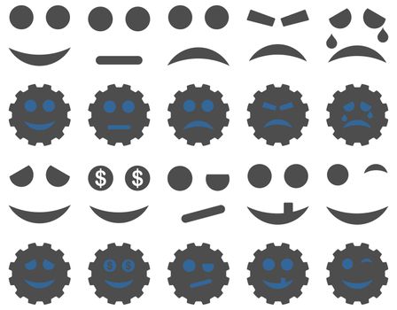 Tools, gears, smiles, emoticons icons. Glyph set style is bicolor flat images, cobalt and gray symbols, isolated on a white background.