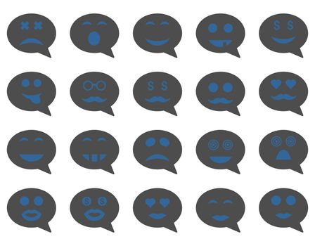 Chat emotion smile icons. Glyph set style is bicolor flat images, cobalt and gray symbols, isolated on a white background.