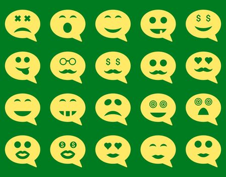 Chat emotion smile icons. Glyph set style is flat images, yellow symbols, isolated on a green background.