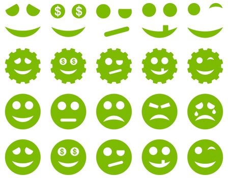 Tools, gears, smiles, emoticons icons. Glyph set style is flat images, eco green symbols, isolated on a white background.