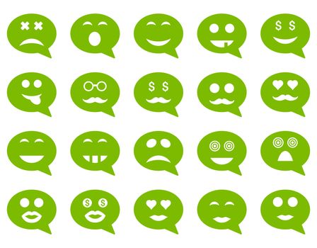 Chat emotion smile icons. Glyph set style is flat images, eco green symbols, isolated on a white background.