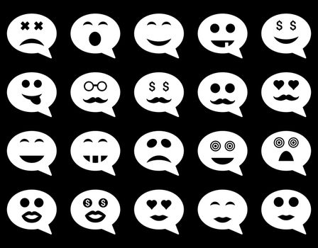 Chat emotion smile icons. Glyph set style is flat images, white symbols, isolated on a black background.
