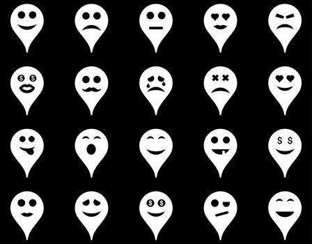 Emotion map marker icons. Glyph set style is flat images, white symbols, isolated on a black background.