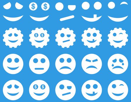 Tools, gears, smiles, emoticons icons. Glyph set style is flat images, white symbols, isolated on a blue background.