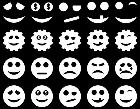 Tools, gears, smiles, emoticons icons. Glyph set style is flat images, white symbols, isolated on a black background.